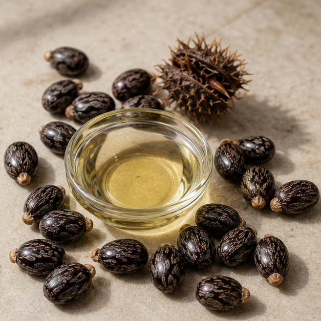 Black castor seeds and castor oil