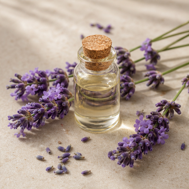 Lavender sprigs and essential oil