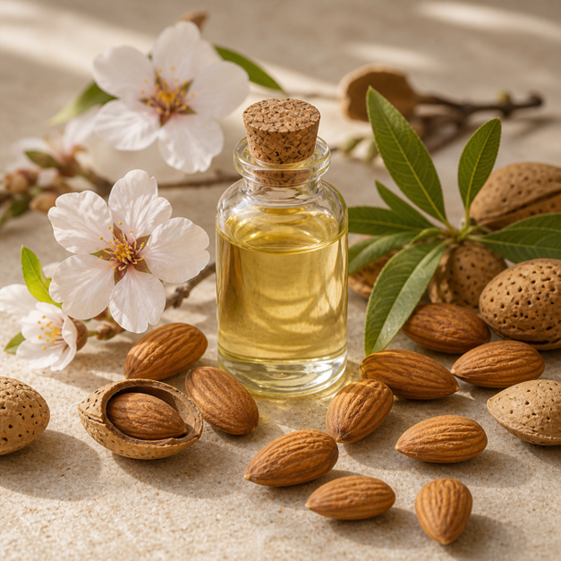 Sweet almonds, almond blossoms, and almond oil